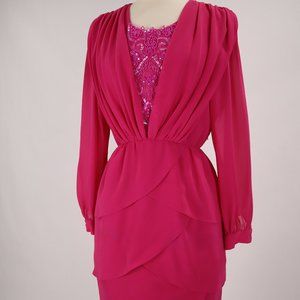 Vtg 80's Ursula of Switzerland Pink Sequin Beaded Tiered Party Dress Gown Formal